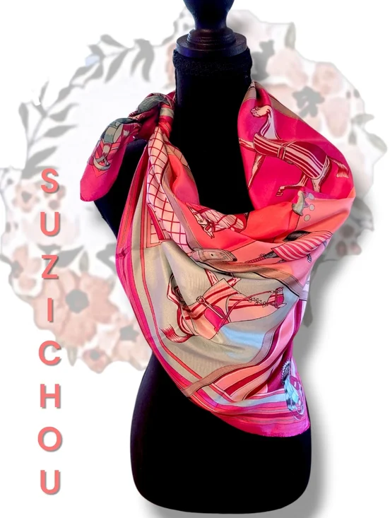 Suzhichou Silk  Equestrian Horse Print Scarf - Pink, Coral, Aqua - Picture 5 of 6